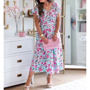 Ann Taylor Blue Strawberry Print Flounce Flutter Sleeve Flare Midi Dress 00